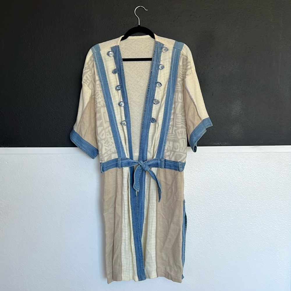 Boho style tie waist duster denim and natural fibers size large